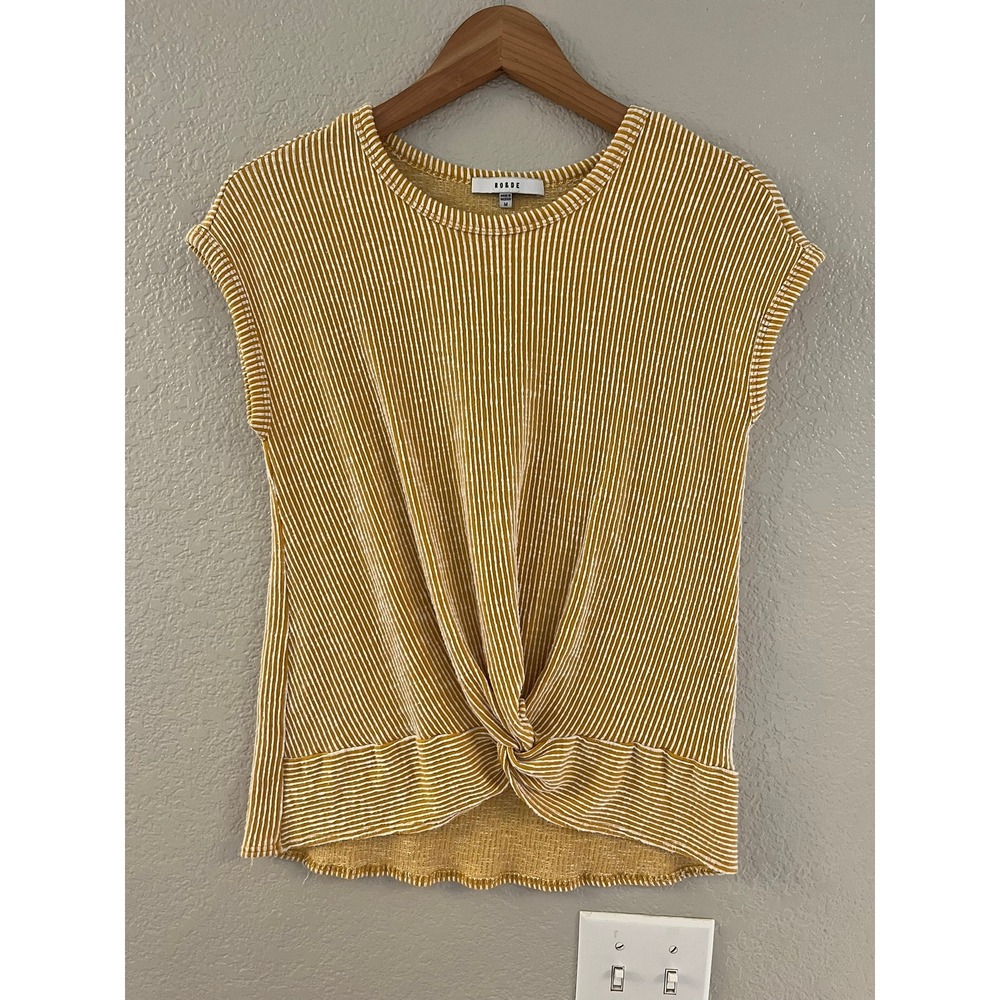 RO&DE Mustard Yellow White Striped Front Knot Cap Sleeve Knit Top Womens Medium